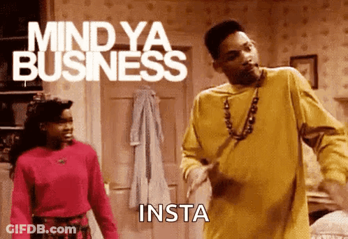 A Man And A Woman Are Dancing In A Room With The Words Mind Ya Business Insta In The Background . GIF