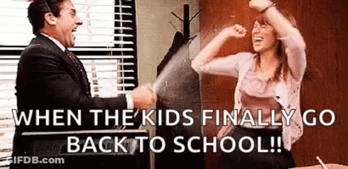 A Man And A Woman Are Dancing In A Room With The Words `` When The Kids Finally Go Back To School '' . GIF