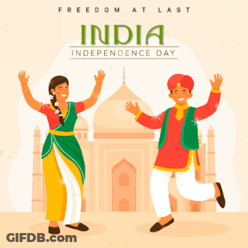 A Man And A Woman Are Dancing In Front Of A Building That Says India Independence Day GIF