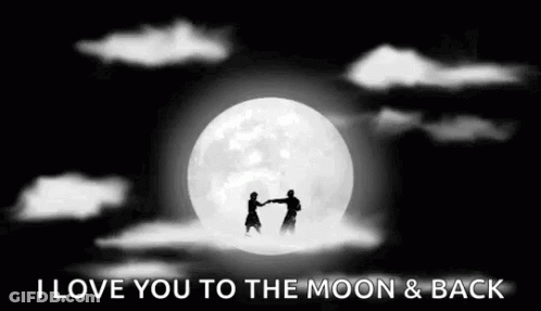 A Man And A Woman Are Dancing In Front Of A Full Moon In A Black And White Photo . GIF