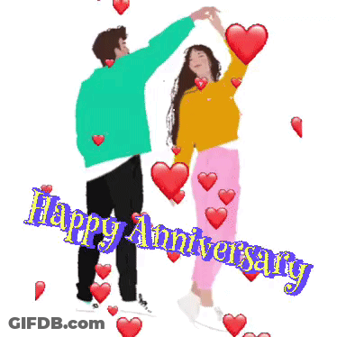 A Man And A Woman Are Dancing In Front Of Hearts And The Words Happy Anniversary GIF