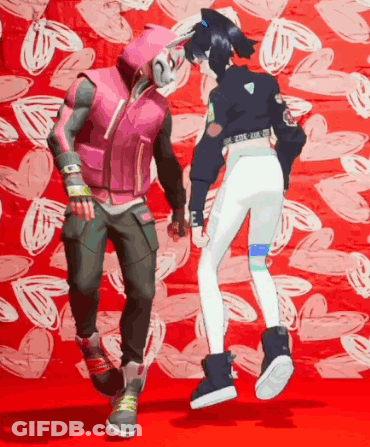 A Man And A Woman Are Dancing Together In Front Of A Red Background With Hearts . GIF