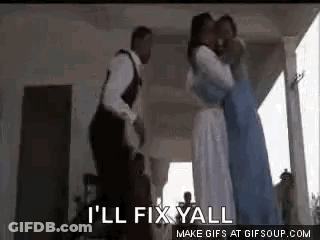 A Man And A Woman Are Dancing Together On A Porch . GIF