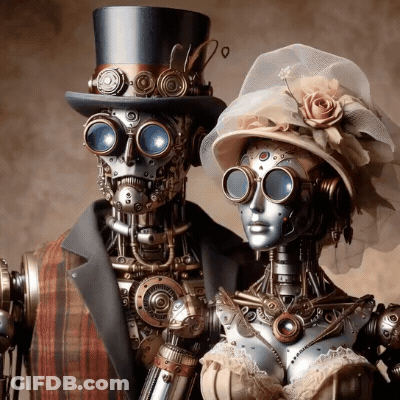 A Man And A Woman Are Dressed In Steampunk Costume GIF