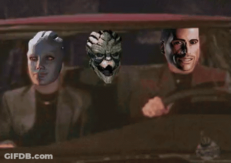 A Man And A Woman Are Driving A Car With Their Faces On The Window . GIF