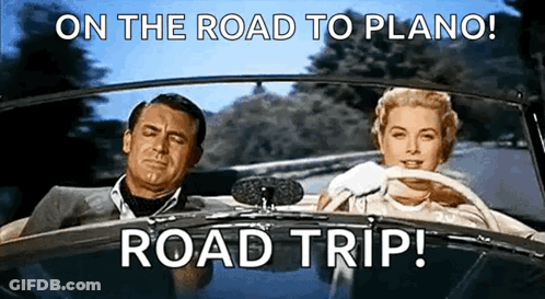 A Man And A Woman Are Driving In A Car With The Words On The Road To Plano Road Trip GIF