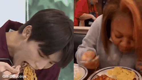 A Man And A Woman Are Eating Noodles And Eggs Together . GIF