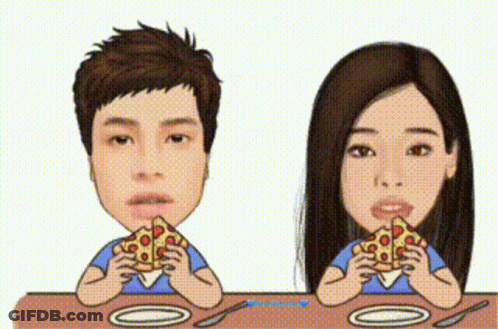 A Man And A Woman Are Eating Pizza Together At A Table GIF