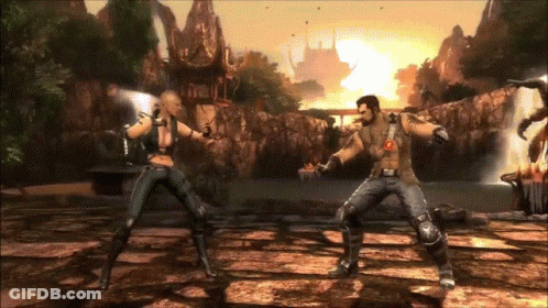 A Man And A Woman Are Fighting In A Video Game With A Waterfall In The Background GIF