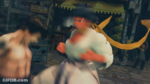 A Man And A Woman Are Fighting In Front Of A Sign That Says ' Chinese Tea ' GIF