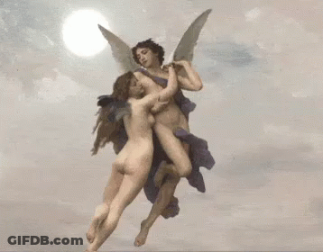 A Man And A Woman Are Flying In The Sky . GIF