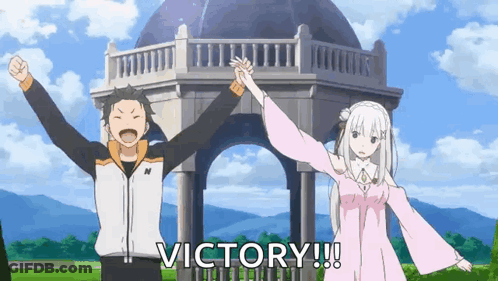A Man And A Woman Are Holding Hands In Front Of A Building And The Word Victory Is Visible GIF