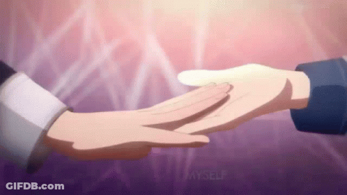 A Man And A Woman Are Holding Hands In Front Of A Purple Background . GIF