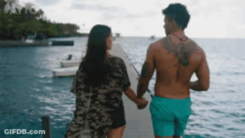 A Man And A Woman Are Holding Hands While Walking On A Dock Overlooking The Ocean . GIF