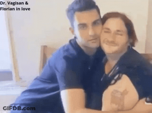 A Man And A Woman Are Hugging Each Other With The Caption Dr. Vagisan And Florian In Love GIF