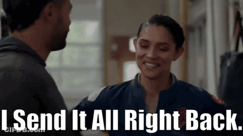 A Man And A Woman Are Hugging With The Words I Send It All Right Back GIF