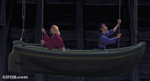 A Man And A Woman Are In A Boat With A Horse Hanging From The Side GIF