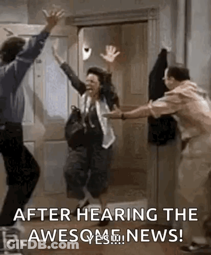 A Man And A Woman Are Jumping In The Air While A Man Holds A Woman 'S Hand . GIF