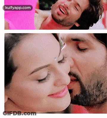 A Man And A Woman Are Kissing Each Other On The Cheek . GIF