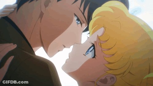 A Man And A Woman Are Kissing In A Cartoon GIF