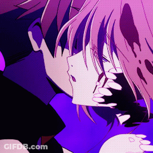 A Man And A Woman Are Kissing In A Purple And Pink Cartoon GIF