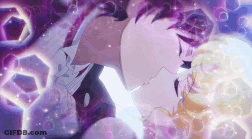 A Man And A Woman Are Kissing In A Purple Background . GIF