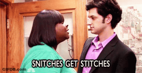 A Man And A Woman Are Kissing In Front Of A Door And The Woman Is Saying `` Snitches Get Stitches '' . GIF