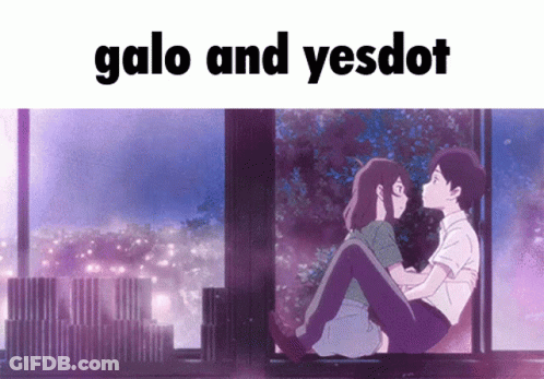 A Man And A Woman Are Kissing In Front Of A Window With The Words Galo And Yesdot Above Them GIF