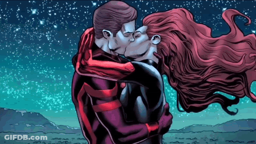 A Man And A Woman Are Kissing Under A Starry Night Sky GIF