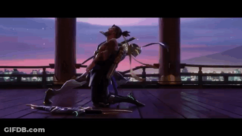 A Man And A Woman Are Kneeling On The Floor With Swords GIF