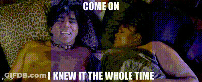 A Man And A Woman Are Laying On A Bed With The Words Come On I Knew It The Whole Time Above Them GIF