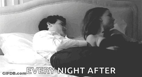 A Man And A Woman Are Laying On A Bed With The Words `` Every Night After '' Written On The Bottom . GIF