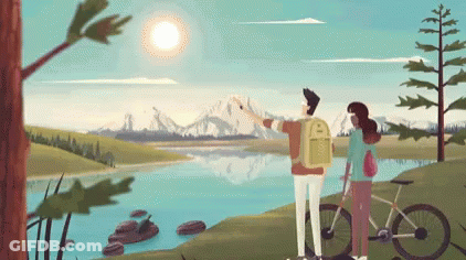 A Man And A Woman Are Looking At A Lake With A Mountain In The Background GIF