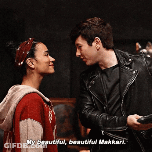 A Man And A Woman Are Looking At Each Other And The Woman Is Saying " My Beautiful Beautiful Makkari " GIF