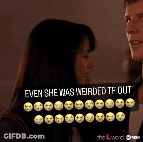 A Man And A Woman Are Looking At Each Other With A Caption That Says " Even She Was Weirded Tf Out " GIF