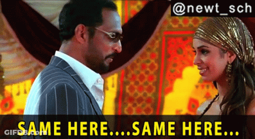 A Man And A Woman Are Looking At Each Other With The Caption Same Here GIF