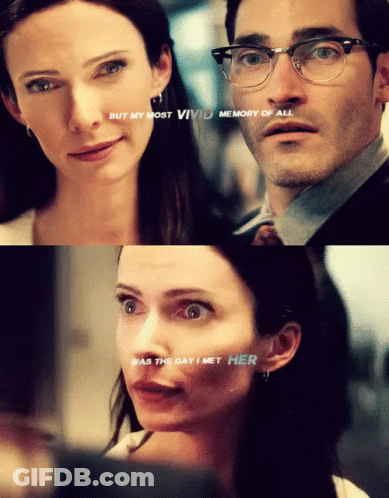 A Man And A Woman Are Looking At Each Other With The Words But My Most Vivid Memory Of All Above Them GIF