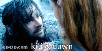 A Man And A Woman Are Looking At Each Other With The Words " Kilt & Dawn " On The Bottom GIF