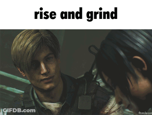 A Man And A Woman Are Looking At Each Other With The Words Rise And Grind Above Them GIF