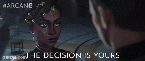 A Man And A Woman Are Looking At Each Other With The Words " The Decision Is Yours " Above Them GIF