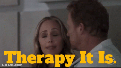 A Man And A Woman Are Looking At Each Other With The Words Therapy It Is Written Above Them GIF