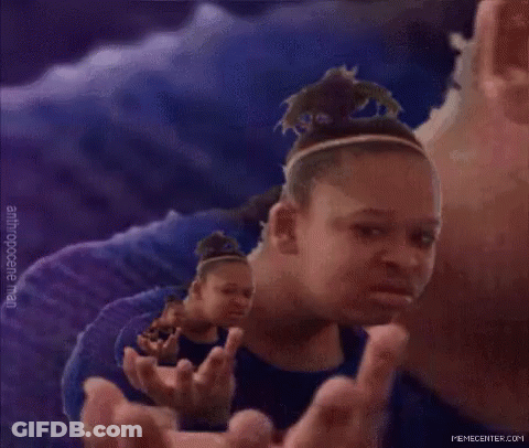 A Man And A Woman Are Looking At Each Other With Their Hands Outstretched GIF