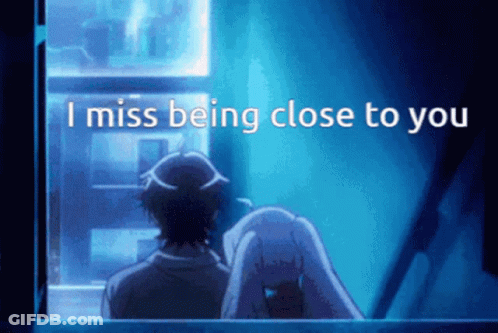 A Man And A Woman Are Looking Out A Window With The Words I Miss Being Close To You Above Them GIF