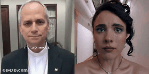 A Man And A Woman Are Next To Each Other And The Man Is Saying " My Two Moods " GIF