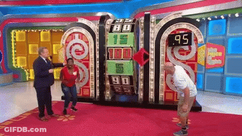 A Man And A Woman Are On A Game Show With A Scoreboard That Says 80 15 90 25 And 95 GIF
