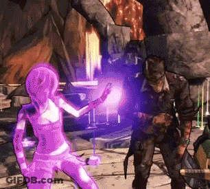 A Man And A Woman Are Playing A Video Game And The Woman Is Glowing In Purple GIF