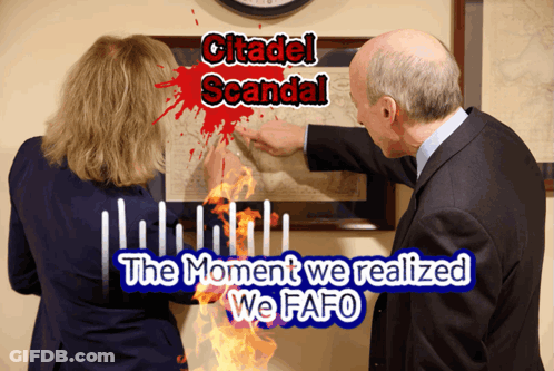 A Man And A Woman Are Pointing At A Picture That Says Citadel Scandal GIF