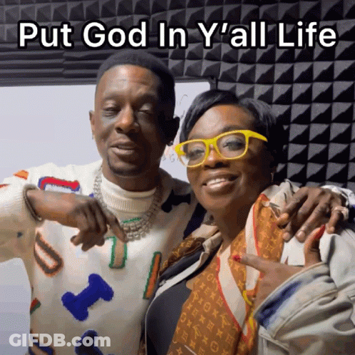 A Man And A Woman Are Posing For A Picture With The Caption Put God In Y'all Life GIF