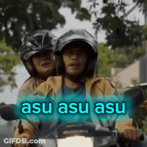 A Man And A Woman Are Riding A Motorcycle And The Words Asu Asu Asu Are Displayed On The Screen GIF