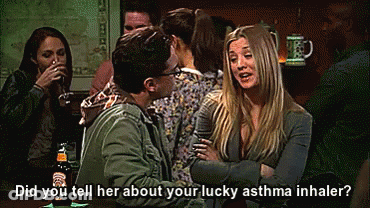 A Man And A Woman Are Sitting At A Table And The Man Asks The Woman If She Has Asthma GIF